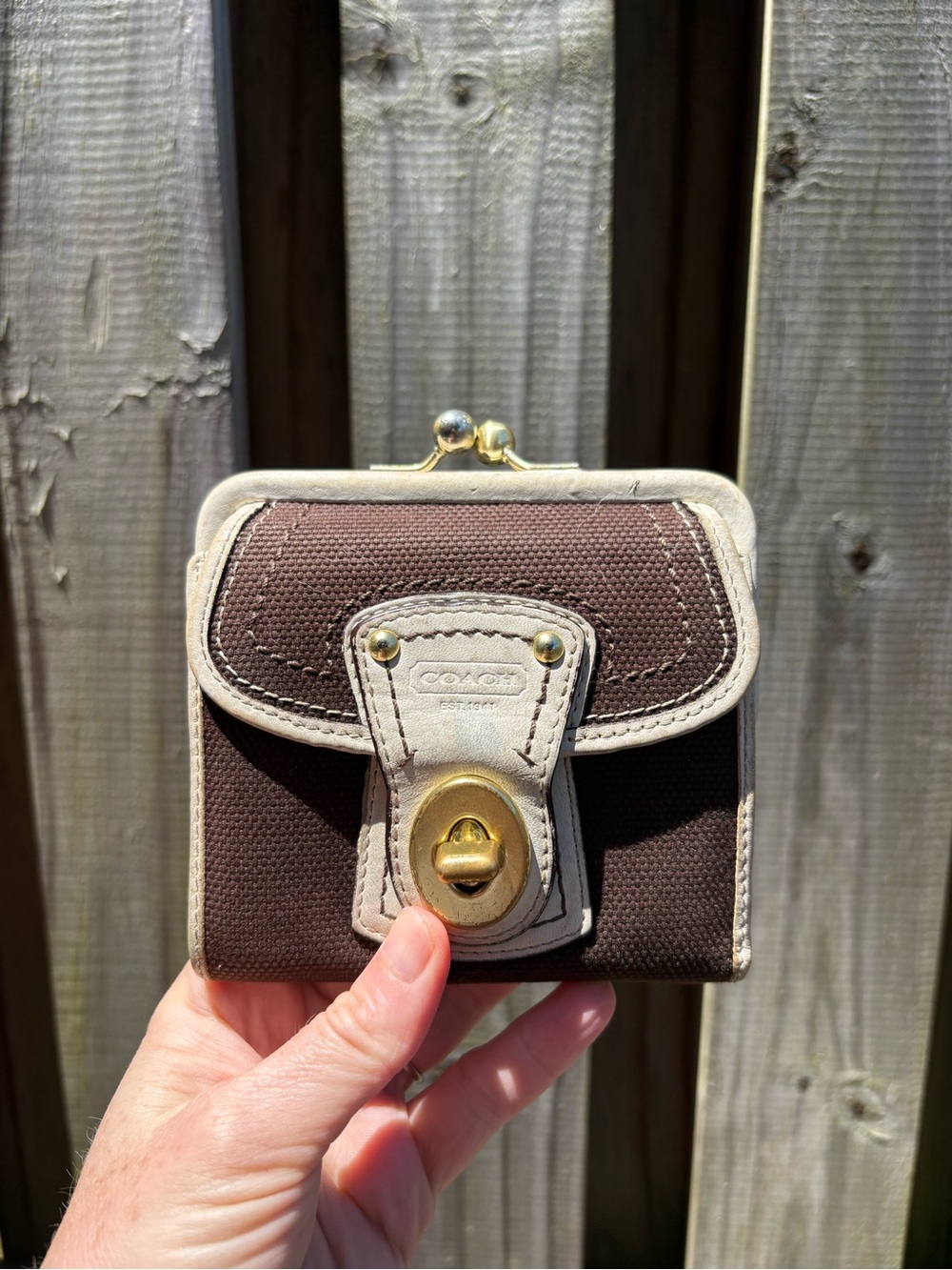 Coach Legacy Brown and Cream Framed Kiss Lock Wallet